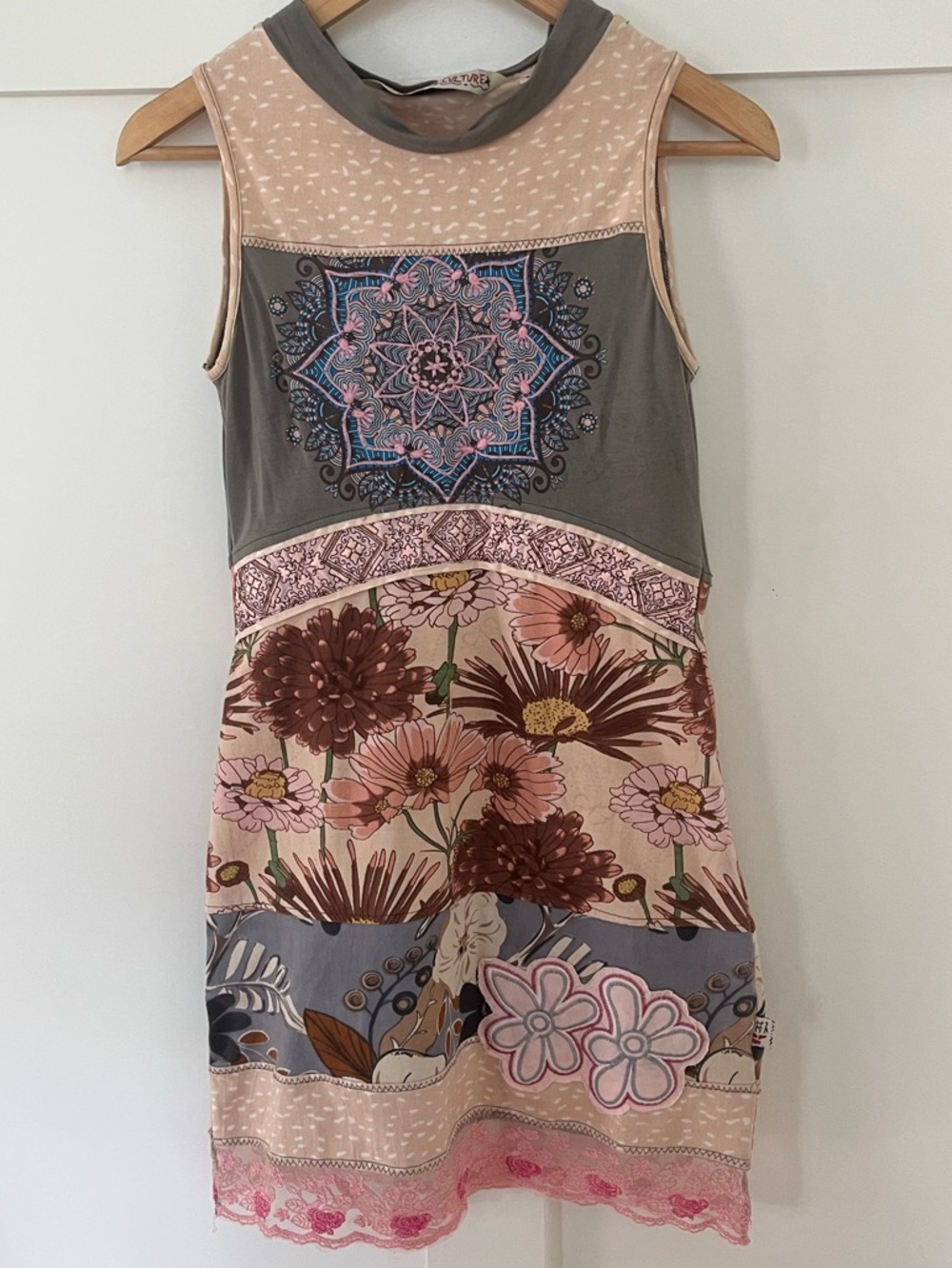 Savage Culture Boho Mandala Patchwork Dress Floral Lace Trim Sleeveless S
